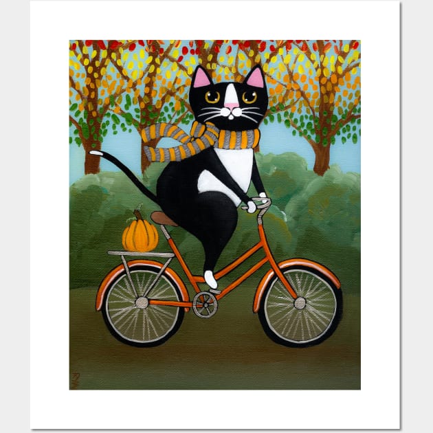 Tuxedo Cat Autumn Bicycle Ride Wall Art by KilkennyCat Art